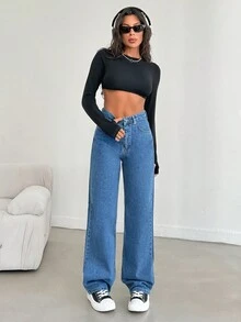 Cottnline Denim Pants Solid Color Simple Fashionable Daily Casual - Blue - View 4