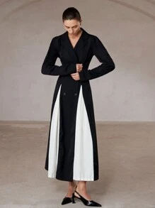 SHEIN Privé 复古法式优雅泡泡袖翻领拼色褶皱高腰连衣裙 - 黑與白 - 查看 4