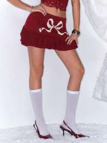 ROMWE Kawaii Falda de punto con lazo de Navidad para mujer