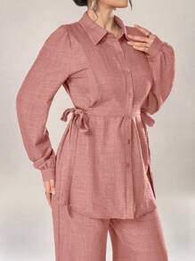 Graceveil 2pcs Women Casual Solid Color Long Sleeve Tie Side Shirt And Pants Set, Autumn 2 Pieces Set Modest Fall Cloth For Women - Orange - View 2