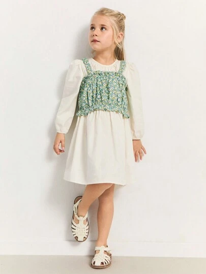 Maija Kids Maija Kids Young Girls Beige Cable Knit Puff Sleeve Loose Dress & Ditsy Floral Ruffle Strap Tank Top Set, Casual Resort Style, Spring & Winter