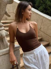 Livesso Women's Beaded Halter Neck Backless Elastic Casual Summer Cami Tops - Brown - View 6