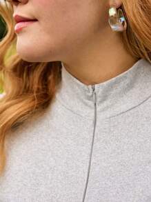 SHEIN EZwear Bộ đồ liền thân bó sát màu trơn có khóa kéo phía trước cỡ lớn dành cho nữ - Xám - Xem 7