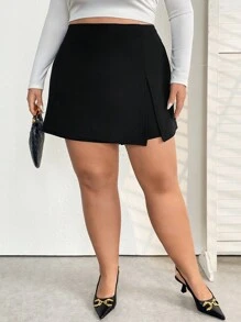 SHEIN CURVE+ CURVE PLUS /Valentinstag/Große Größen einfarbiger geteilter Skort, Valentinstag, Rose, Herz, Polka Dot, Liebe, Lippe, Amor, 3D Blume - Schwarz - Übersicht 5