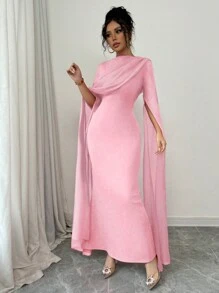 Rafferiza فستان الإطلالة الرسمية الأنيقة بخصر محشور مكشكش، كتف أسمتري، كم طويل شفاف، شق أسفل، محبوك مطاطي أحمر، فستان الحورية الطويل للخريف/الشتاء