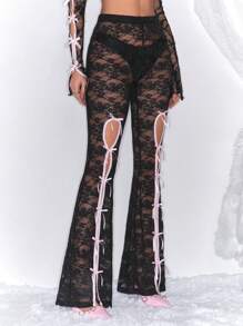 ROMWE J-Fashion 女士性感蕾丝透视蝴蝶结装饰喇叭裤 - 黑色 - 查看 4