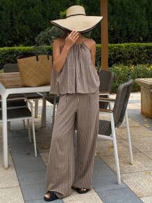 女士休闲度假夏季两件套，宽松条纹吊带背心和阔腿裤，秋季家居服套装 - 卡其色 - 查看 1