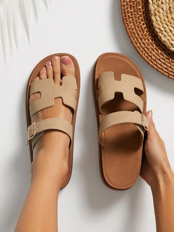 SHUZIA Chanclas con plataforma plana, diseño inspirado en diseñadores, con correa de hebilla, recorte y plantilla cómoda con tacos. Color topo. Elegantes, de apoyo y versátiles