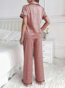 SHEIN Jacquard Turndown Collar Women Pajama Set - Orange - View 2