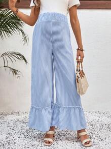 SHEIN Maternity Ruffle Hem Pleated Striped Casual Pants, Everyday Wear - Baby Blue - View 7
