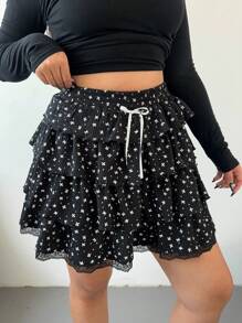 Flirla Plus Size Women's Cute Ruffle Trim Cake Skirt With Butterfly Print And Bow Decor