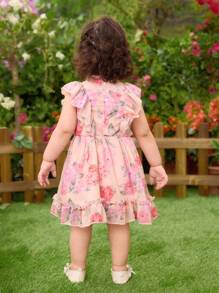 SHEIN Nouvelle robe de princesse douce à fleurs style Ditsy pour bébé fille, robe d'été sans manches