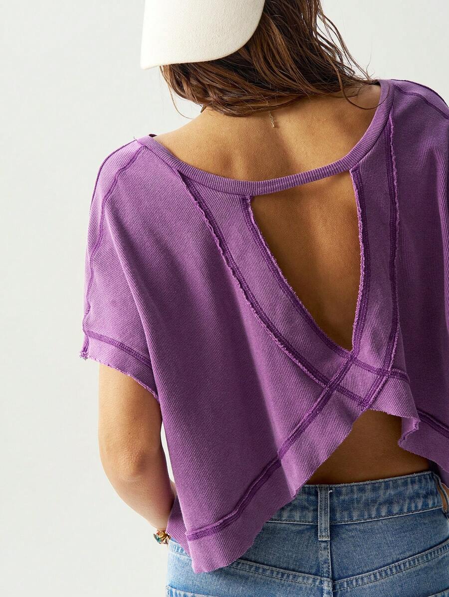 Bohemela 波西米亚风纯色后背镂空设计女式 T 恤，紫色上衣 - 紫色 - 查看 1