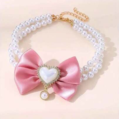 PETSIN 1 pieza Collar para mascota con lazo y perlas falsas, accesorio de mascota con estilo de princesa con corazón de perlas falsas, ideal para días festivos y ocasiones especiales como el Día de San Valentín