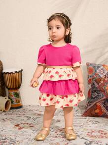 SHEIN Baby Girl Printed Short Sleeve Patchwork Cake Dress, Fashionable Princess Style For Summer