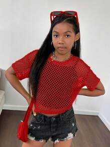 SHEIN Tween Girl 活力街头风透气网眼针织圆领短袖上衣 - 紅色 - 查看 5