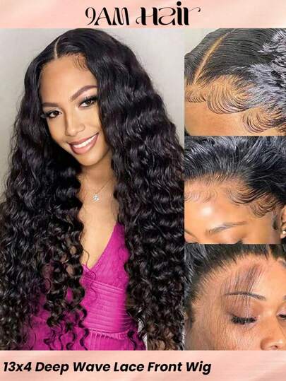 深波浪蕾丝前假发 13x4 透明蕾丝前卷发假发 适合人发 180% 密度假发 人发预拔 含婴儿头发 自然黑色