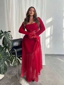 Firerie Plus Size Color Block Mesh Ruffle Sleeve Square Neck Dress - Burgundy - View 1