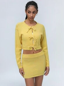 SHEIN Unity Fashionable Sweet Tie-Up Bow Cardigan Paired With Super Short Skirt As 2 Pieces Set Dopamine Soft Knit Sweater Fall Cloth For Women - Yellow - View 5
