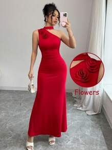 Rafferiza Women's Halter Neck Asymmetric Shoulder Floral Print Long Dress - Red - View 1