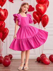 SHEIN Tween Girls' Square Neck Bow Cap Sleeve Dress, Suitable For Valentine's Day, Daily, Commute, Holidays Wear