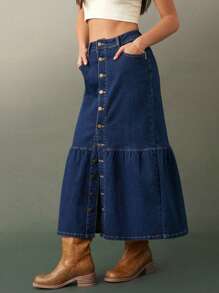 WESTFADE Button Front Stretch Western Denim Skirt For Cowgirl - Dark Wash - View 2