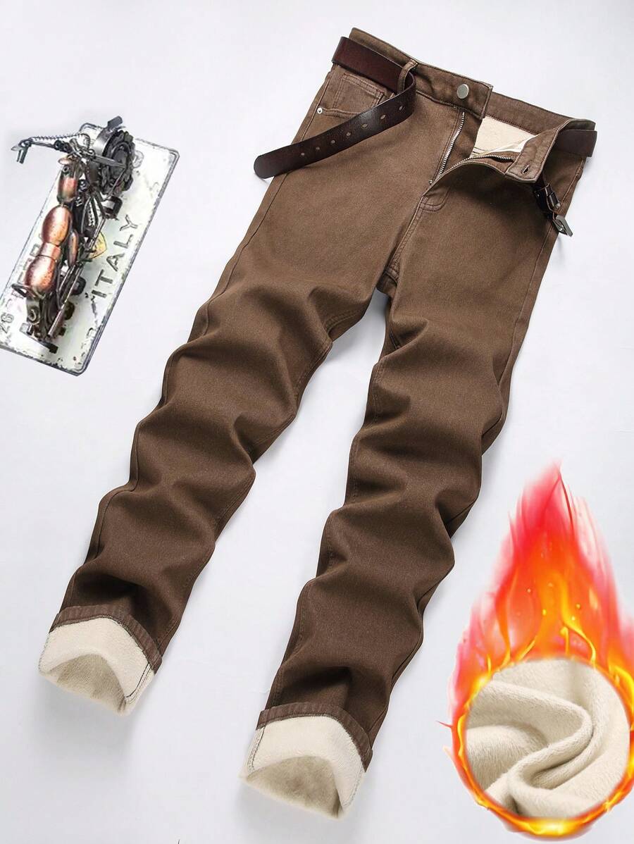 Manfinity LEGND Men's With Pockets Distressed Slim Fit Thermal Lined Jeans - Coffee Brown - View 1