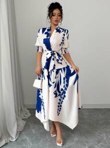 Chiquease Rochie lungă elegantă cu decolteu în V cu imprimeu floral