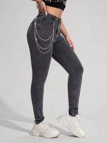 SHEIN Essnce Waist Chain Skinny Jeggings - Grey - View 5