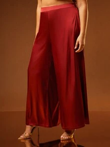 Hauture Summer Women Outfit, Women Clothes, Women Plus Size Burgundy Satin Solid Color Loose Simple Design Long Wide Pants, Casual Daily Wear, Women Pants, Wide Leg Pants. For Date Night, Concerts, Performances, Parties, Clubs, Evening, Music Festivals