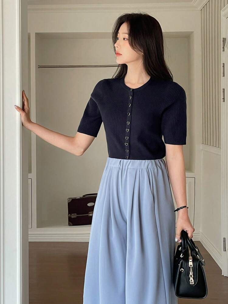 2pcs/Set Women Elegant Knitted Blouse And Wide Leg Pants