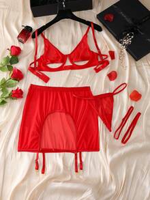 Hollow-Out Mesh Comfortable Decorated Button Sheer Lingerie Set: Bra + Mini Skirt + Thong + Garter Belt, Sexy Women Underwear Set - Red - View 5