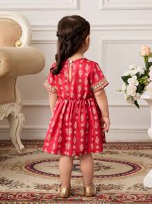 Baby Girl Infant Toddler 0-3Y Spring Summer New Luxe Vintage Palace Style Golden Polka Dot & Lace V-Neck Short Sleeve Red Dress - Red - View 2
