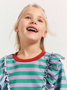 SHEIN Leap Crew Young Girls Colorblock Striped Ruffled Crew Neck Long Sleeve Sweatshirts, Fashionable & Cute Style For Autumn/Winter - Blue - View 6