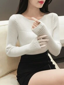 1 件女式修身纯色针织毛衣，长袖，休闲时尚，适合日常穿着 - 白色 - 查看 6
