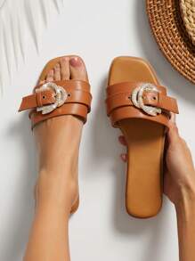 SHUZIA Women's Gold Metal Buckle Decoration Fashionable & Comfortable Round-Toe Flat Sandals For Daily Wear Spring Shoes Spring Break Easter - Maroon - View 2