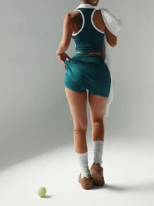 Easithlete 女士纯色拼接无袖简约上衣和短裤运动套装健身女士套装