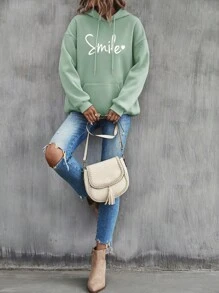 SHEIN Cottnline 棉质女式字母印花抽绳连帽衫 - 綠色 - 查看 6