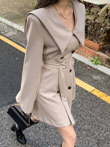DAZY 女士大翻领双排扣系带长款风衣风迷你连衣裙，杏色，春夏秋装，秋季女装长袖连衣裙 - 杏色 - 查看 5