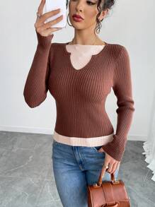 SHEIN Unity Design Sense撞色针织叠层上衣，二合一束腰毛衣，女士秋冬款 - 咖啡棕 - 查看 6