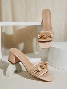 SHUZIA Sandalias de tacón medio de rafia elegantes y casuales para damas - Beis - Ver 5