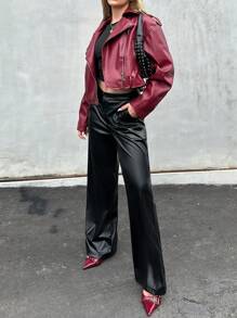 RueChic Women Elegant Solid Color PU Wide Leg Pants - Black - View 3