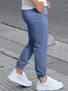 Manfinity Homme Men's Drawstring Waist Pockets Tapered Casual Pants - Blue - View 2