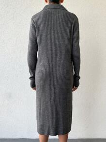 EURMUSE Collar & Zipper Detail Knitted Sweater Dress - Grey - View 2