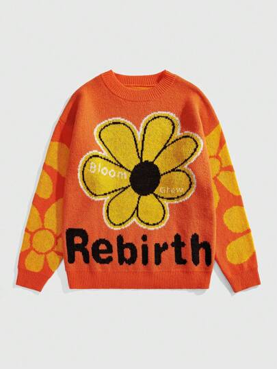 Street Life Suéter casual de hombre con contraste de color y estampado floral de jacquard, apto para otoño/invierno