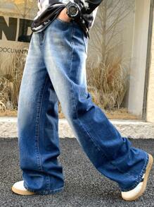 SHEIN 适合青少年男孩的休闲时尚蓝色牛仔宽松舒适直筒牛仔裤，柔软舒适，适合日常穿着和四季穿着。 - 藍色 - 查看 5