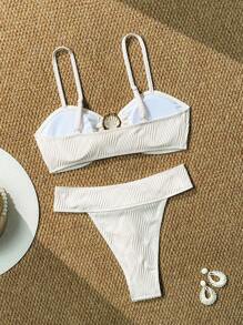 Swim Vcay Ensemble de 2 pièces de maillot de bain pour femmes, nouveau style, avec une texture en tissu apricot unicolore, des détails de sangles en métal, et une touche sexy pour l'été