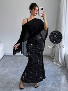 SHEIN Unity Elenzga 女士派对休闲约会黑银色闪亮高弹简约纯色雪纺透视性感派对晚会约会披肩吊带连衣裙两件套 - 黑色 - 查看 6