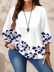 EMERY ROSE Koszula w stylu casual minimalistycznej, z nadrukiem, w dużym rozmiarze, z okrągłym dekoltem i rękawami 3/4, odpowiednia na jesień/zimę - Wielokolorowe - Zobacz 1