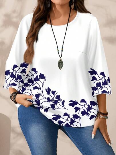 EMERY ROSE Camisa de cuello redondo con manga 3/4 de talla grande con estampado todo sobre, de estilo casual y minimalista, apta para otoño/invierno